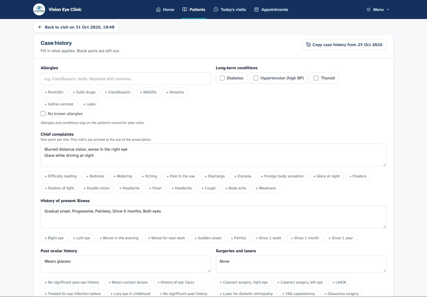 The case history screen with complaints, history and one-tap suggestions