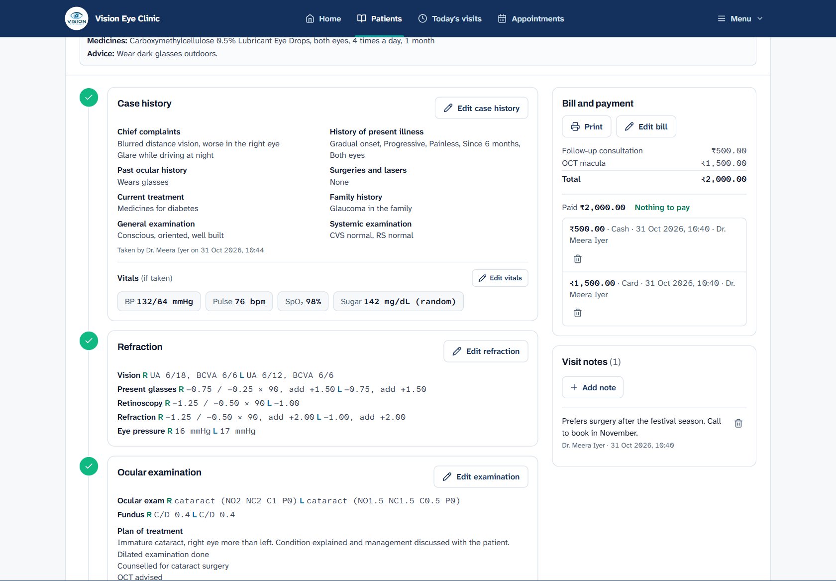 A visit with completed case history, refraction and examination steps, and the bill and notes alongside
